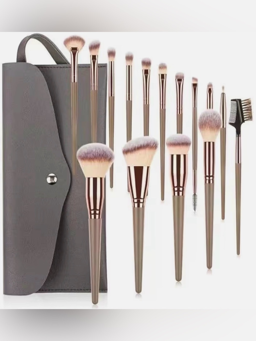 15-Piece Taupe & Rose Gold Makeup Brush Set with Grey Travel Case